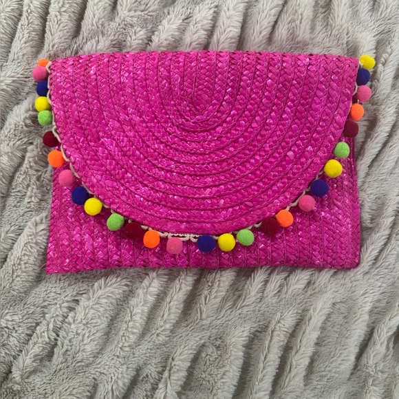 Colorful Pink Woven Pompom Crossbody Clutch Bag NWOT - Picture 2 of 5